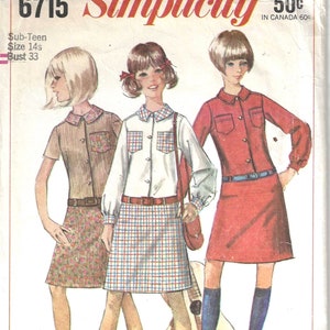 May include: Simplicity sewing pattern number 6715 for a sub-teen girl's dress. The pattern includes three different styles: a plaid skirt with a white button-down shirt, a floral skirt with a brown button-down shirt, and a solid red skirt with a red button-down shirt. The pattern is for sizes 14s and has a bust measurement of 33 inches.