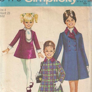 May include: Vintage Simplicity sewing pattern featuring three children's outfits. The cover art shows a girl in a purple dress, a girl in a plaid dress, and a girl in a blue coat. The pattern is size 4, breast 23 inches.