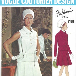 May include: A vintage sewing pattern featuring two women's outfits. The first outfit is a white sleeveless dress with a white hat and a belt. The second outfit is a red jacket and skirt with a white hat. The pattern is from Fabiani of Italy and the pattern number is 2188.