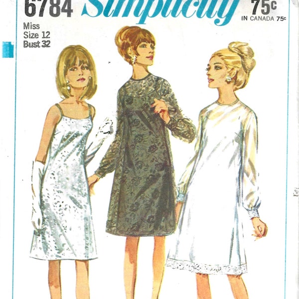 1960's Mod Cocktail Party Slip-Dress A-Line with Lace or Sheer Overdress  Simplicity Sewing Pattern No. 6784  Size 12  Bust 32  UNCUT