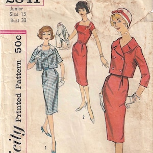 1960"s Sheath Dress with Square Neckline & Jacket Simplicity 2841 Sewing Pattern Bust 33