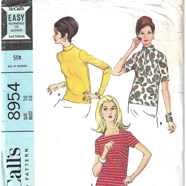 1960's Overblouse Blouse Square Neckline  Bias Roll Collar  Short or Long Sleeve   McCall's Sewing Pattern 8954  Easy to Sew  Bust 36