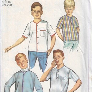 May include: A sewing pattern for boys' shirts. The pattern includes three different styles: a white shirt with red trim, a blue and white striped shirt, and a plaid shirt. The pattern is for size 16, chest 34. The pattern number is 6285.