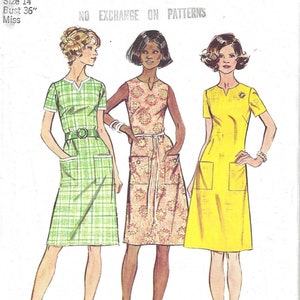 May include: A vintage sewing pattern for a dress, featuring three women wearing different versions of the dress. The pattern is Simplicity 5477 and is for size 14, bust 36 inches. The dress is a simple, A-line style with a V-neck and short sleeves. The pattern includes instructions for making the dress in three different fabrics: plaid, floral, and solid yellow.