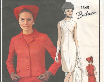 1960's Pierre Balmain Vogue Paris Original Sewing Pattern No. 1845  Mod Sleeveless Dress and Jacket  - Bust 32