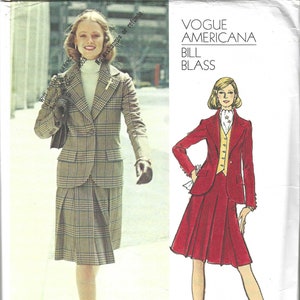 May include: A vintage sewing pattern for a skirt suit. The pattern is for Vogue Americana by Bill Blass and has the number 2734. The pattern shows a woman wearing a plaid skirt suit and a woman wearing a red skirt suit.