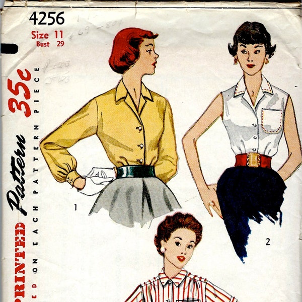 1950's Simplicity Sewing Pattern No. 4256  Front Button Shirt Blouse with Sleeve Variations   Summer Blouse   Size 11   Bust 29