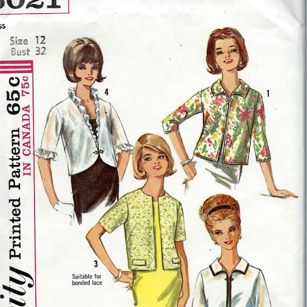 1965 Simplicity 6021 Sewing Pattern cover-up Jackets Short or Three-quarter Length Sleeves Everyday & Evening Short Jackets - Bust 32 UNCUT