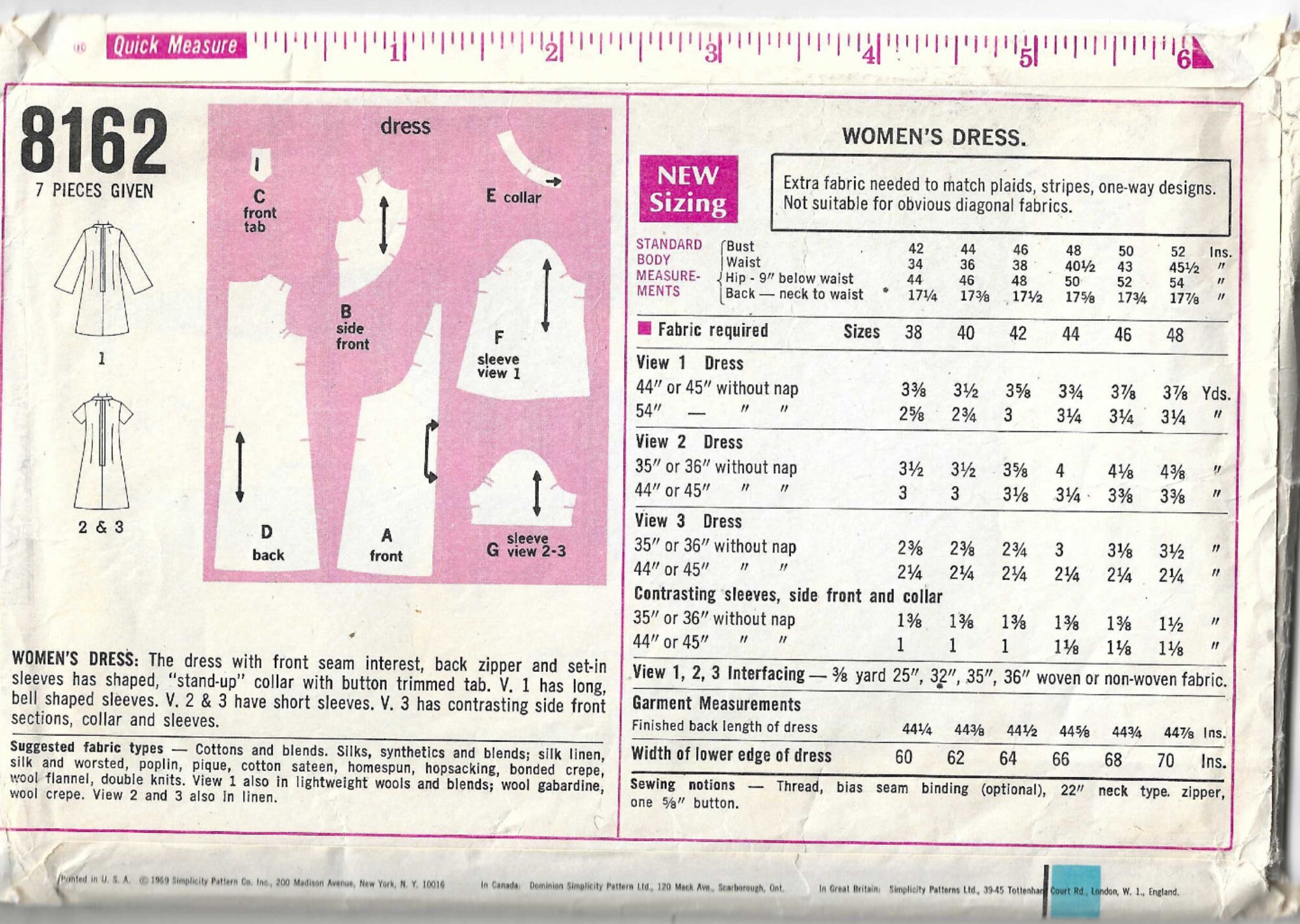 1969 Simplicity 8162 Sewing Pattern Aline Dress With Standup Collar Short or Long Bell Sleeves