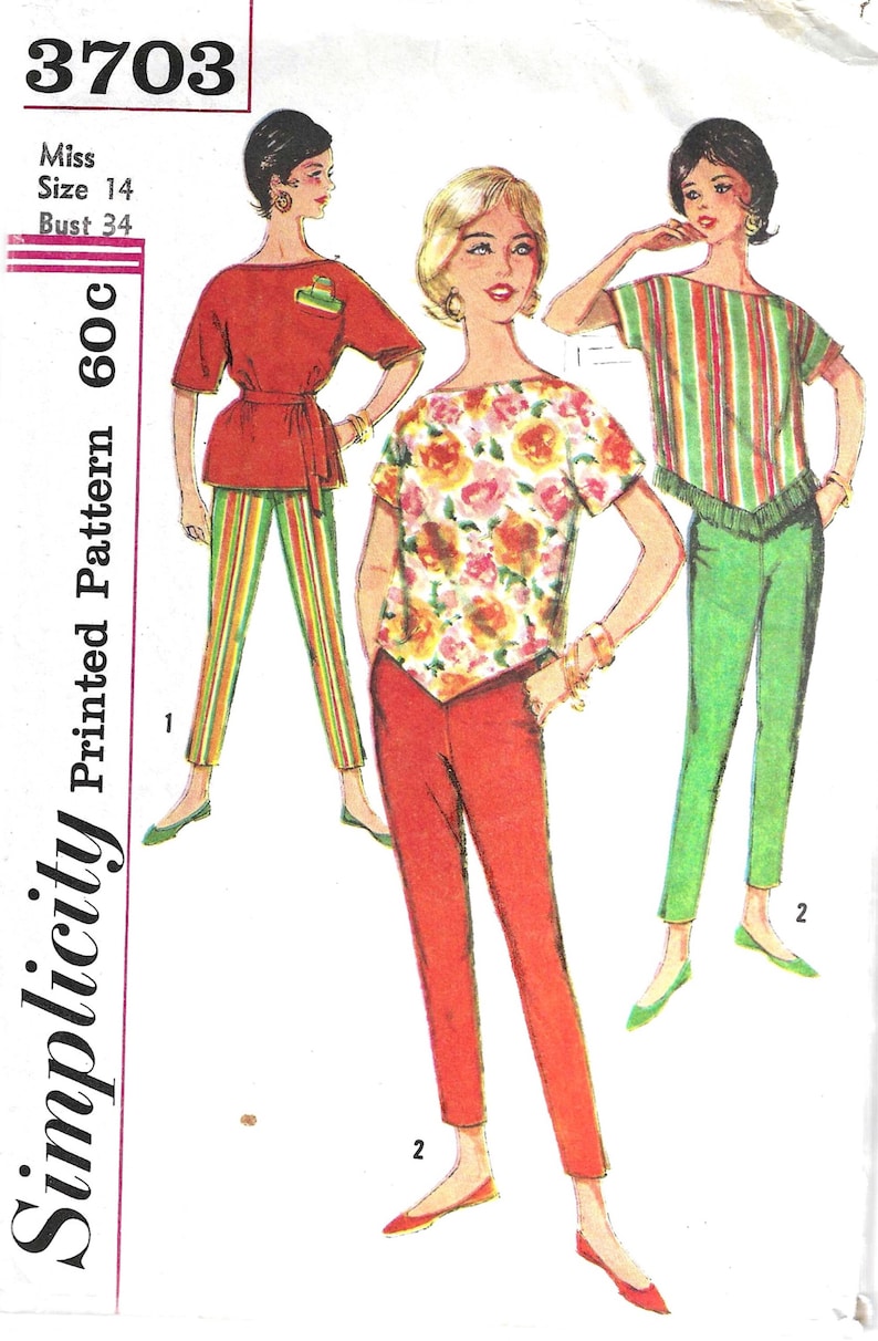 1960's Simplicity Sewing Pattern No. 3703 Slim Toreador Pants & Top with Sombrero appliqué or V Shaped Hemline Size 14 Bust 34 image 1