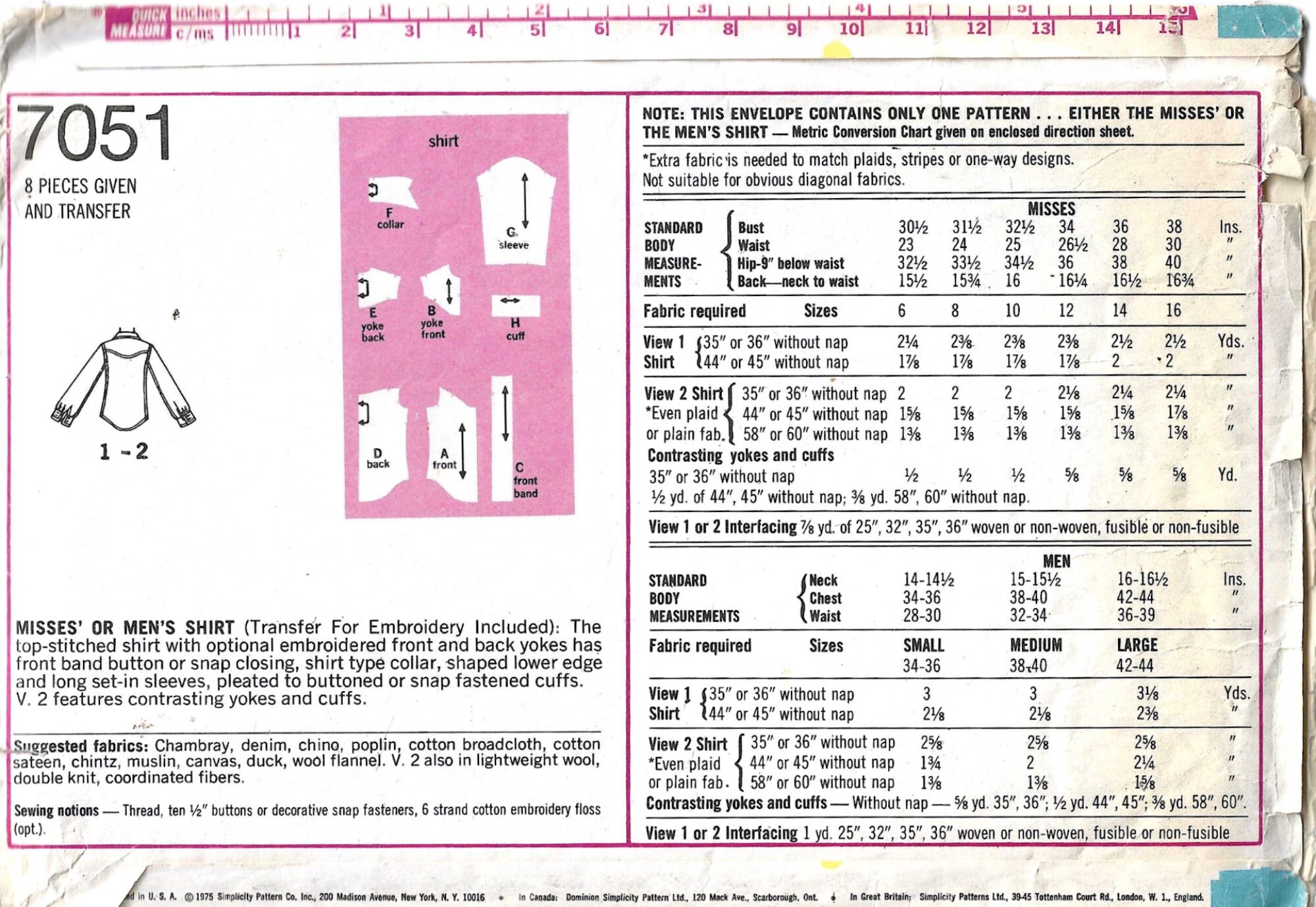 1970's Men's Western Shirt With Yokes Simplicity Etsy UK