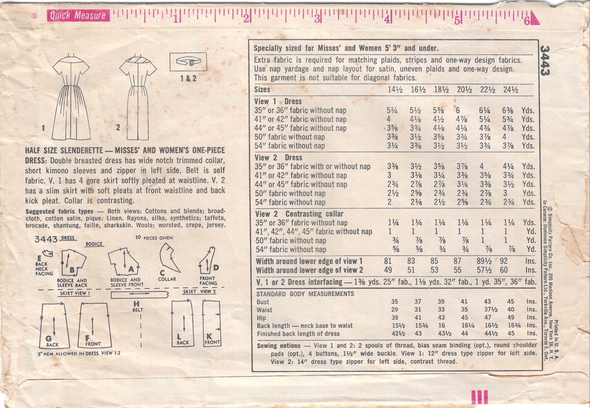 1960 Simplicity Sewing Pattern 3443 Double Breasted Dress Has Wide ...