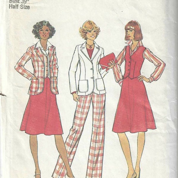 1970's Pantsuit   Semi-fitted Jacket Button Down Vest and Pants Simplicity 7377 Vintage Sewing Pattern 3 Piece Suit Office Wear - Bust 39