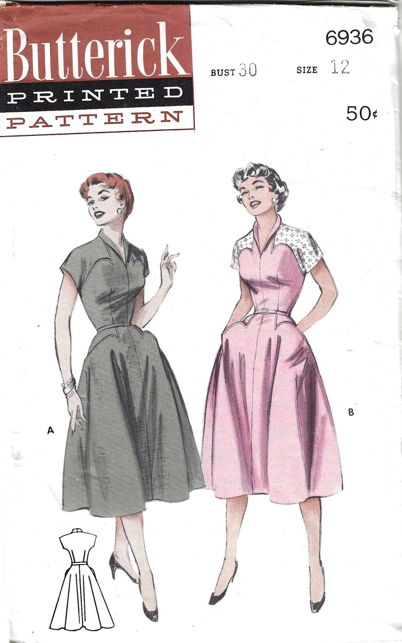 1950's Rockabilly Dress Butterick Sewing Pattern No. 6936 Fitted Bodice ...
