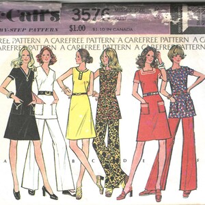 1973 McCall&#39;s 3576 Vintage Sewing Pattern A-Line Dress or Tunic with V Square or Scoop Neckline Patch Pockets and Pants  Day Dress - Bust 36