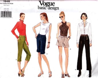 1997 Vogue Sewing Pattern 1948 Summer Pants with Contour Waistband and Mock Fly Short and Bermuda Shorts Capri- Midi and Boot Cut Pants