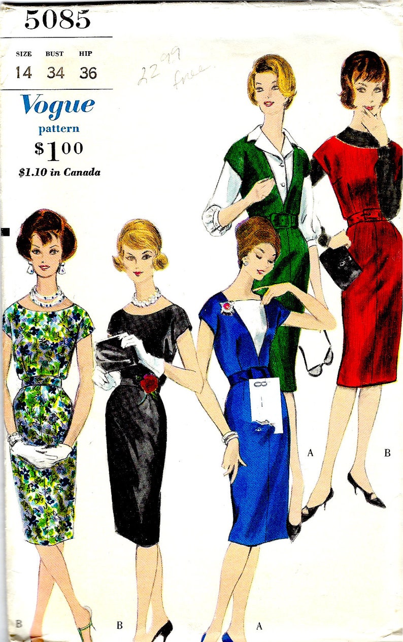 1960 Slim Dress With Oval Neckline Cocktail Dress Vogue Sewing Etsy