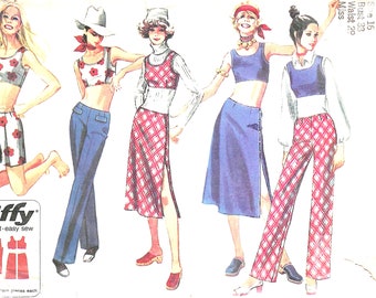 1970's  Hip-Hugger Pants Shorts and Skirt with Sleeveless Crop Top Jiffy Simplicity Sewing Pattern No. 9314   Size 16  Bust 38