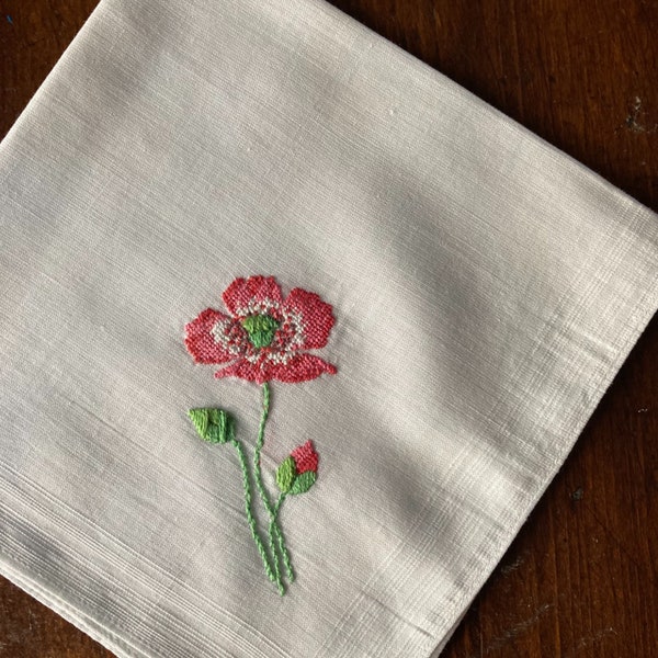 1950's Vintage White Fine Linen Handkerchief with Red and Orange Floral Needlepoint Embroidery Linen has Woven Border Detail - 12 x 12