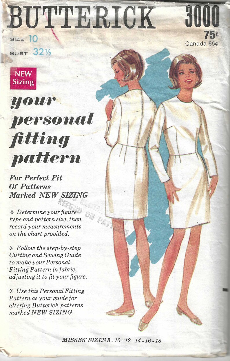 Bust 32 12 Vintage 1960/'s Personal Fitting Pattern Butterick 3000 Sewing Pattern Sheath Dress with Long Sleeves and Jewel Neckline