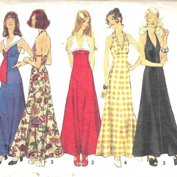 1970's Maxi Halter Dress with Low V-Neckline or Sailor Collar  Simplicity Sewing Pattern No. 5349  Day or Evening Dress - Bust 32 1/2