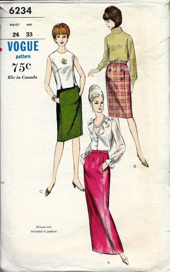 1960's Vogue Sewing Pattern No. 6234 Evening Skirt Floor Length or Street Length Slim Skirt with Pockets   Waist  24