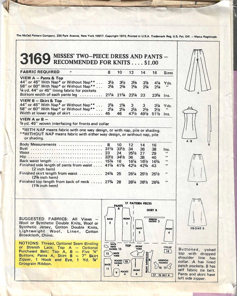 1972 Mccall's 3169 Sewing Pattern Two Piece Dress or Pant | Etsy