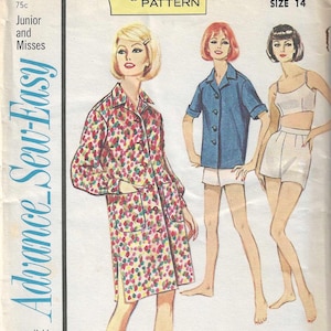 May include: A vintage sewing pattern for a dress, shirt, and shorts. The pattern is for sizes 9-14 and is called "Advance Sew-Easy" and "beginners PATTERN".