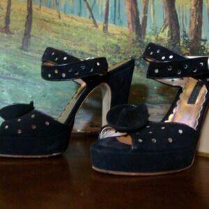 1990&#39;s Marc Jacobs Platform Heels 1940&#39;s Style Black Suede Evening Shoes with Peep Toe and Sexy Ankle Straps -  Made in Italy Size 6M