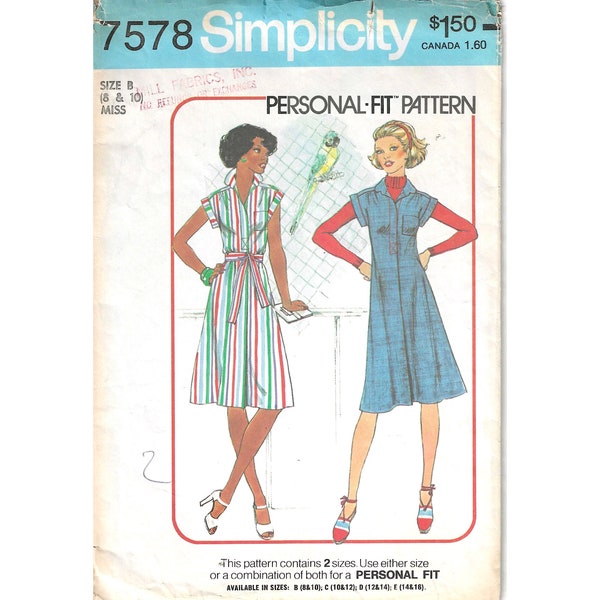 1970's Sewing Pattern Simplicity 7578  Easy Fit Dress or Jumper with Wing Collar, Gathered Yoke & Short Cap Sleeves - Bust 31 - 33