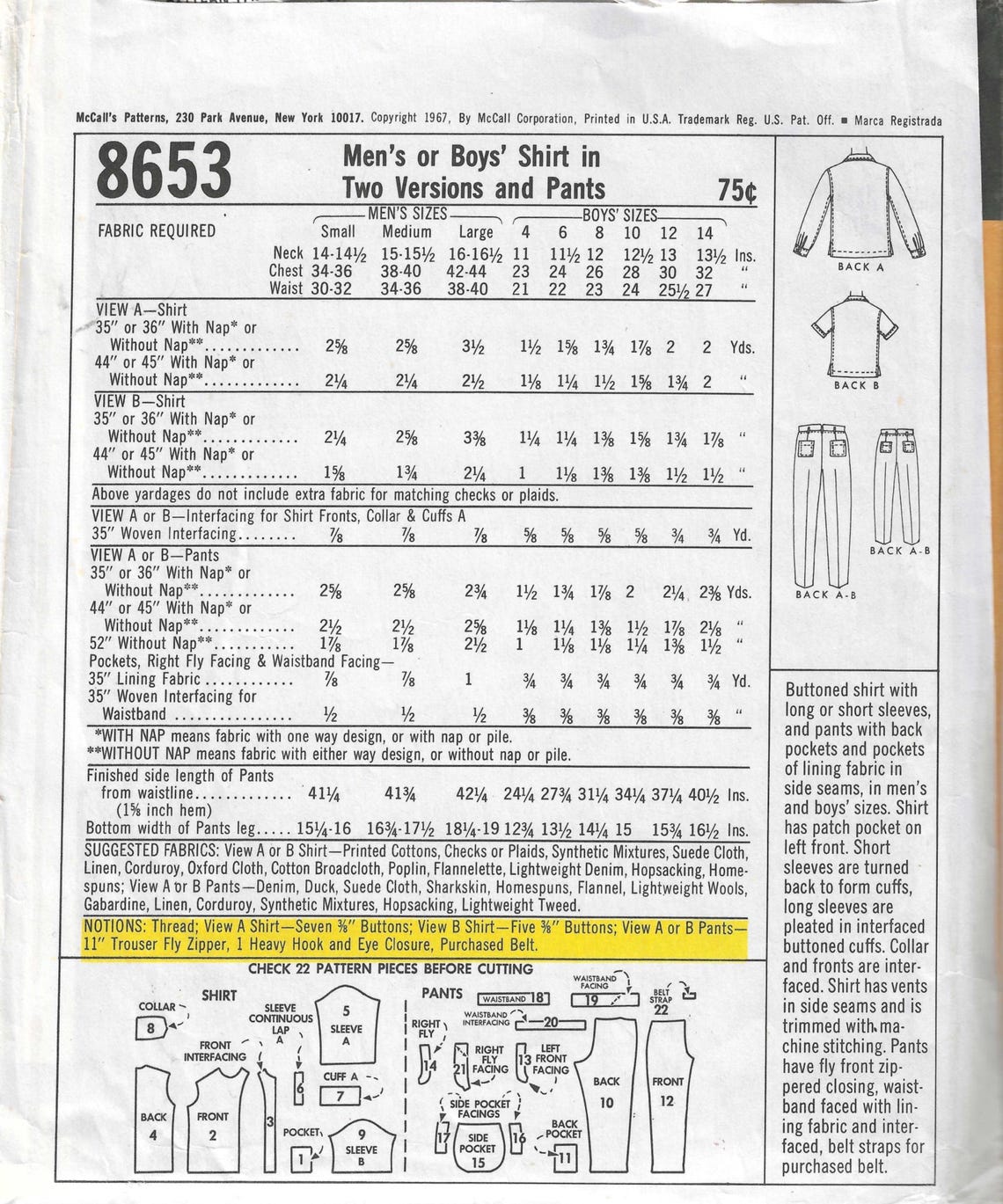 1960's Mccall's Sewing Pattern 8653 Boy's Shirt in Two Versions and ...
