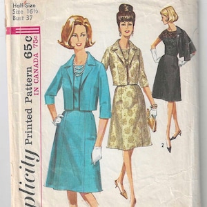 May include: Vintage Simplicity sewing pattern 5723. The pattern features illustrations of three women in stylish dresses and jackets. The cover includes text indicating the pattern is half-size, bust 37, and priced at 65 cents in Canada.