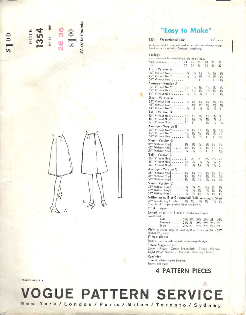 1960's Vogue A-Line Skirt in Proportioned Sizes with or without Waistband Vogue Sewing Pattern No. 1354 Waist 26 image 2