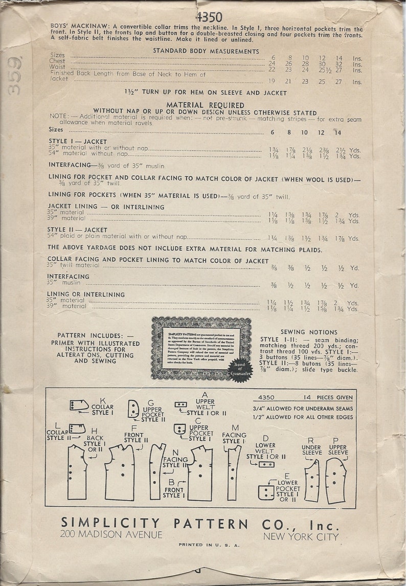 1940's Simplicity Sewing Pattern 4350 Boy's Mackinaw Jacket Short Coat
