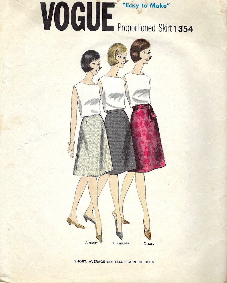 1960's Vogue A-Line Skirt in Proportioned Sizes with or without Waistband Vogue Sewing Pattern No. 1354 Waist 26 image 1