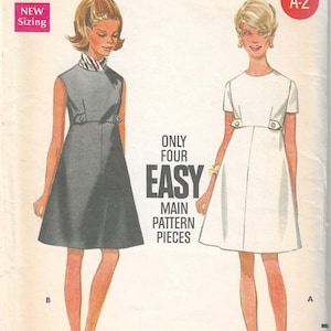 Vintage Mod Butterick 4997 Symönster A-linjeformad Dagklänning med Upphöjd Midja och Knapp- och Flikkant Lätt att Sy Byst 89,5 cm
