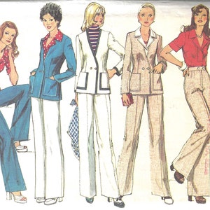 May include: A sewing pattern for four different outfits, including a red and white polka dot blouse, a blue blazer with white pants, a white blazer with white pants, and a brown blazer with brown pants. The pattern is for size 16, bust 38 inches.
