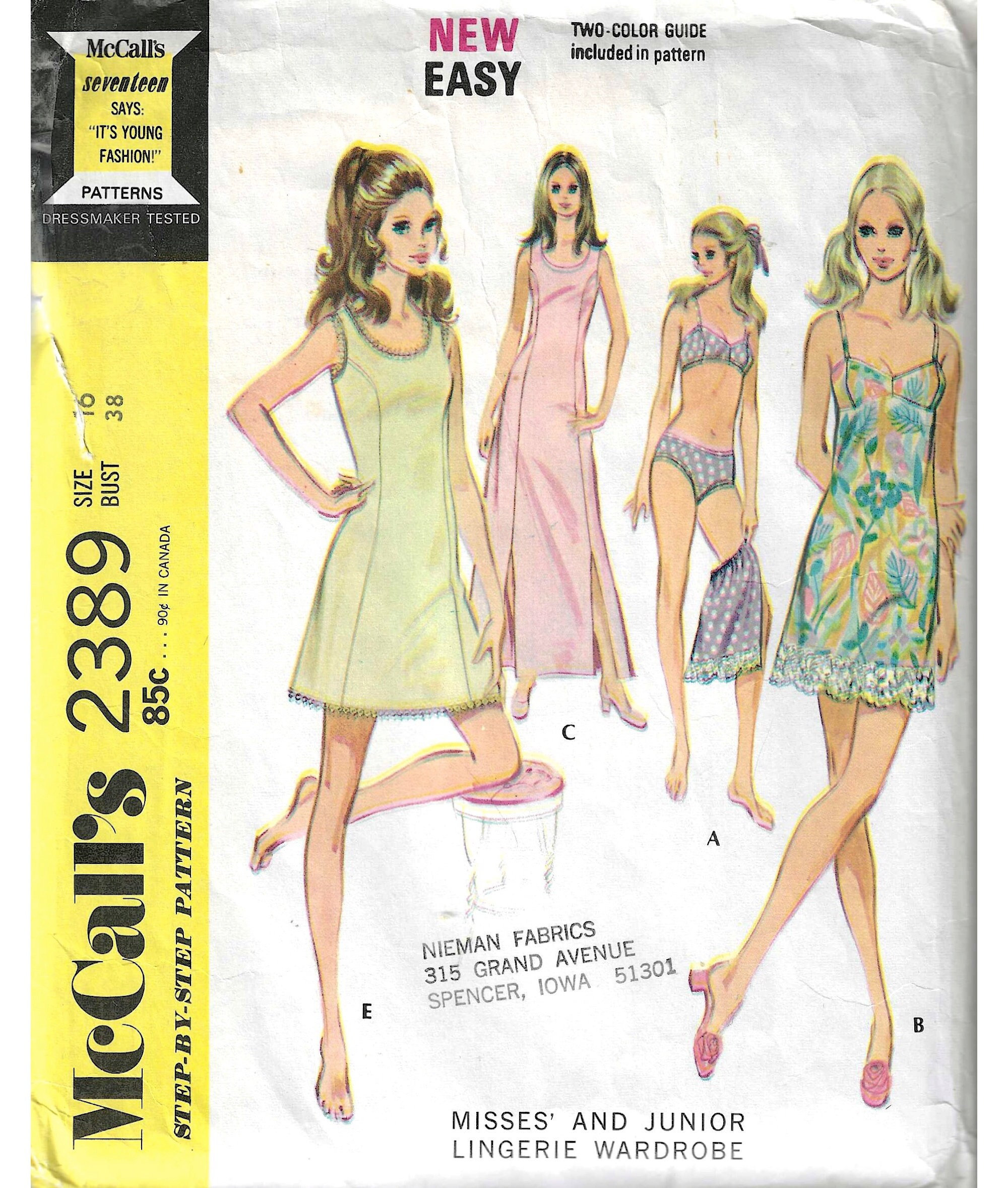 1970's Lingerie Wardrobe Bra Panties Half Slip Full Slip in Two Lengths.  Mccall's Sewing Pattern No. 2389 Bust 38 Uncut 
