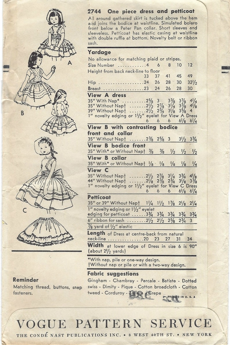 1956 Vogue Sewing Pattern 2744 Girls Party Dress with Full Gathered Skirt and Bolero Bodice Peter Pan Collar Petticoat Flower Girl Size 4