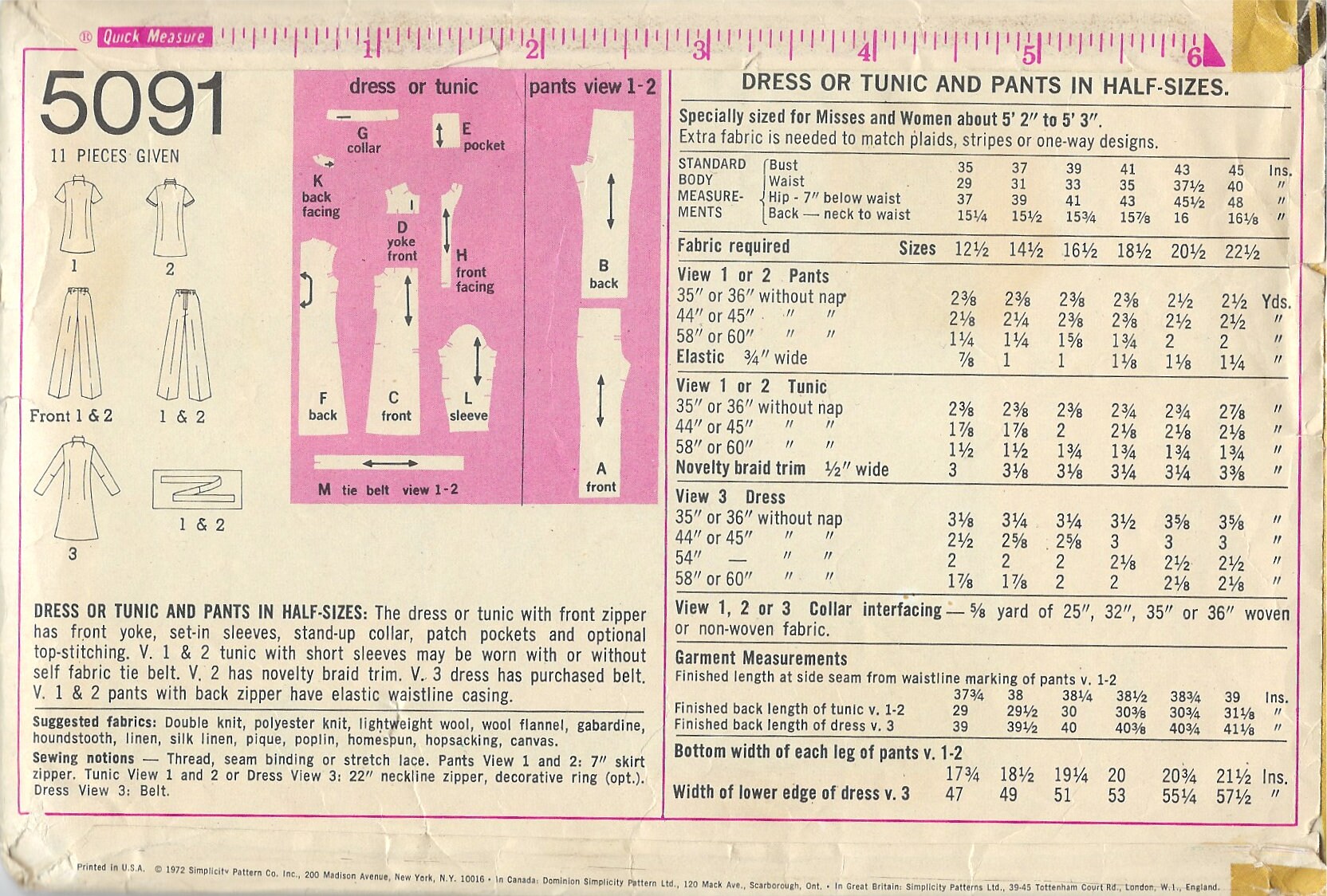 Simplicity Patterns 41 1970's Simplicity Sewing Pattern No. 5091 Dress or Tunic With Front ...
