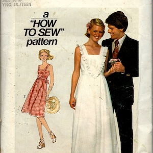 May include: A vintage sewing pattern for a white dress with a ruffled neckline and a matching white hat. The pattern is called "How to Sew" and is for a young junior or teen. The pattern is from Simplicity and is number 7861.