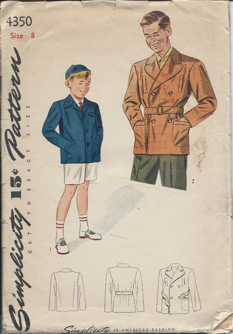1940's Simplicity Sewing Pattern 4350 Boy's Mackinaw Jacket Short Coat