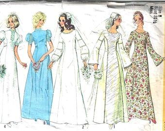 1970er Brautkleid mit U-Ausschnitt und langen Trompetenärmeln Einfachheit Schnittmuster 9935 Brautjungfer Kleid Boho-Hochzeitskleid