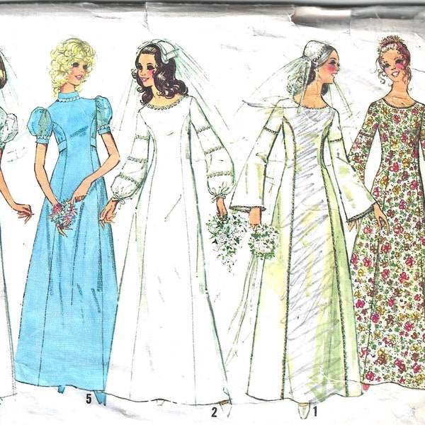 1970's Bridal Gown with Scoop Neckline and Long Bell Sleeves  Simplicity Sewing Pattern 9935  Bridesmaid Dress  Boho Wedding Dress