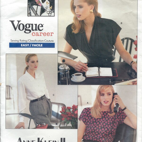1980's Blouses in 3 styles to Wear to  the Office or Under a Suit Jacket ,  Vogue Career Pattern No. 2069 by Anne Klein - Bust 34 - 38
