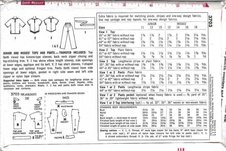 1960's Simplicity Sewing Pattern No. 3703 Slim Toreador Pants & Top with Sombrero appliqué or V Shaped Hemline Size 14 Bust 34 image 2