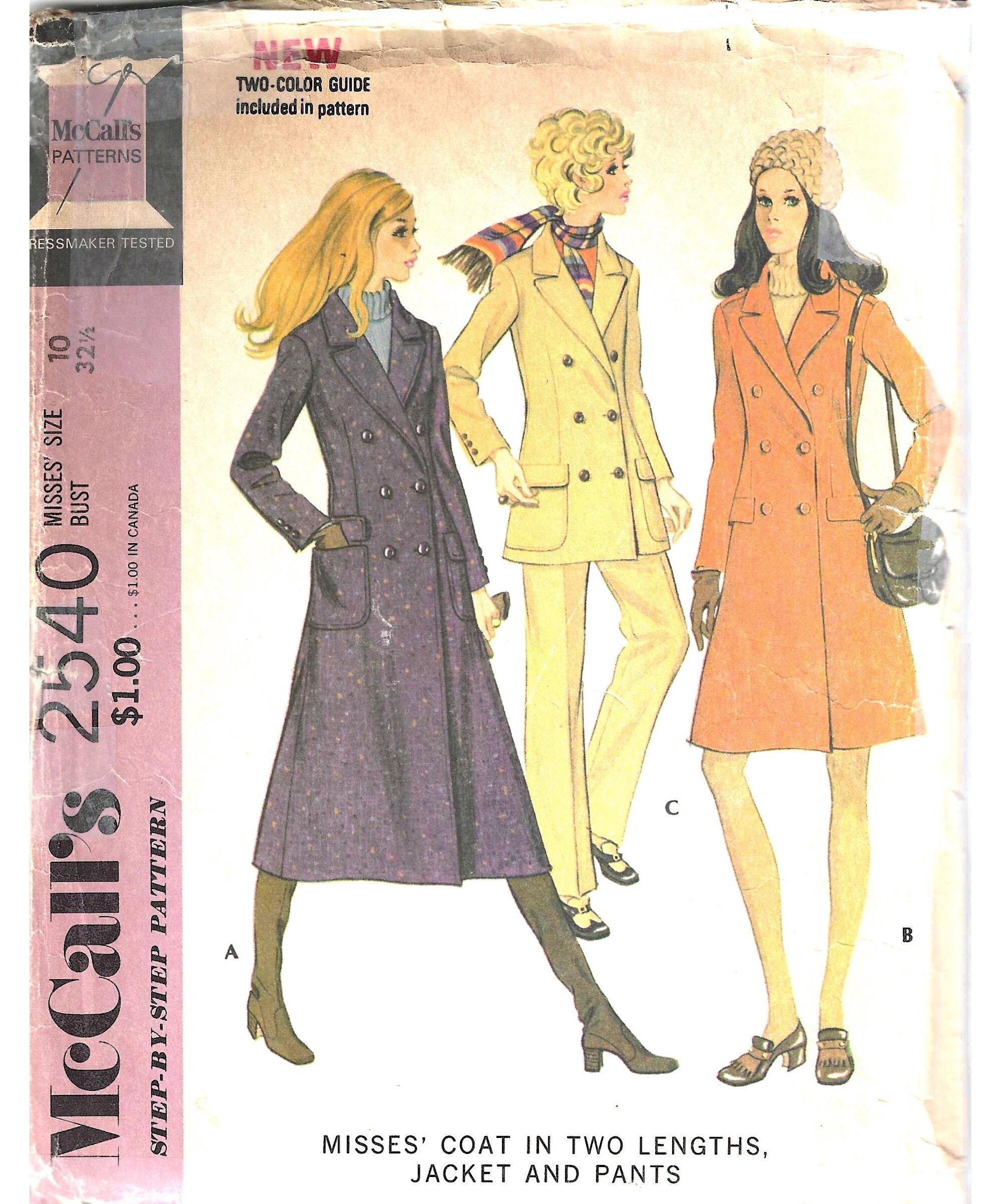1970's Double Breasted Coat in Two Lengths Jacket and Pants Mccall's No ...
