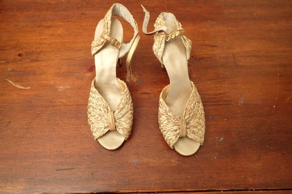 1930's Metallic Gold and Taupe Woven Evening Shoes