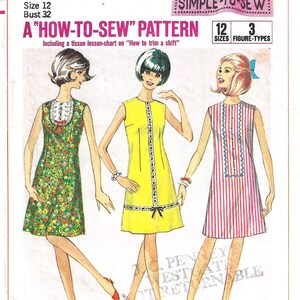 May include: Vintage Simplicity sewing pattern 6879 featuring three shift dress designs. The pattern includes sizes for Misses, Teens, and Sub-Teens. The dresses are illustrated in green floral, yellow, and red and white stripes.