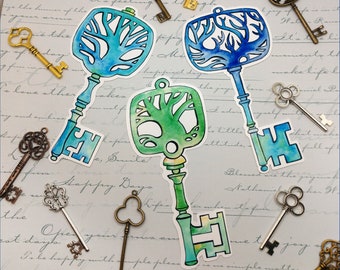 Skeleton Key Bookmark, Laminated Watercolor Trees, book worm gift